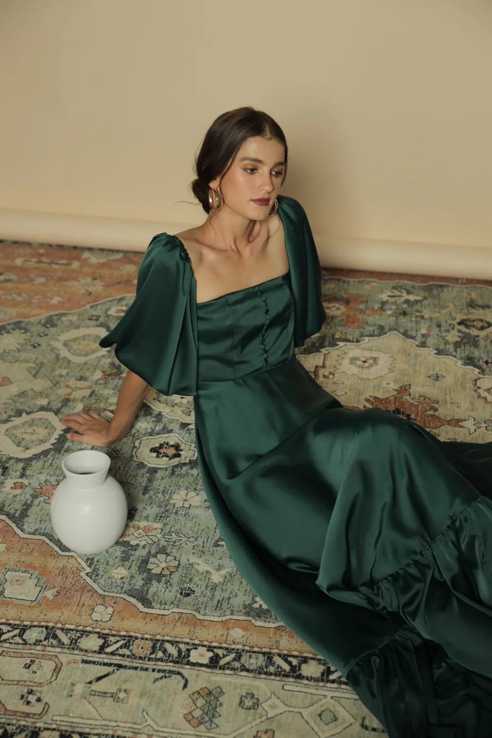 FIRA Two Way Puff Sleeve Maxi Dress with Covered Buttons and Square Neckline (Emerald Green Silk)