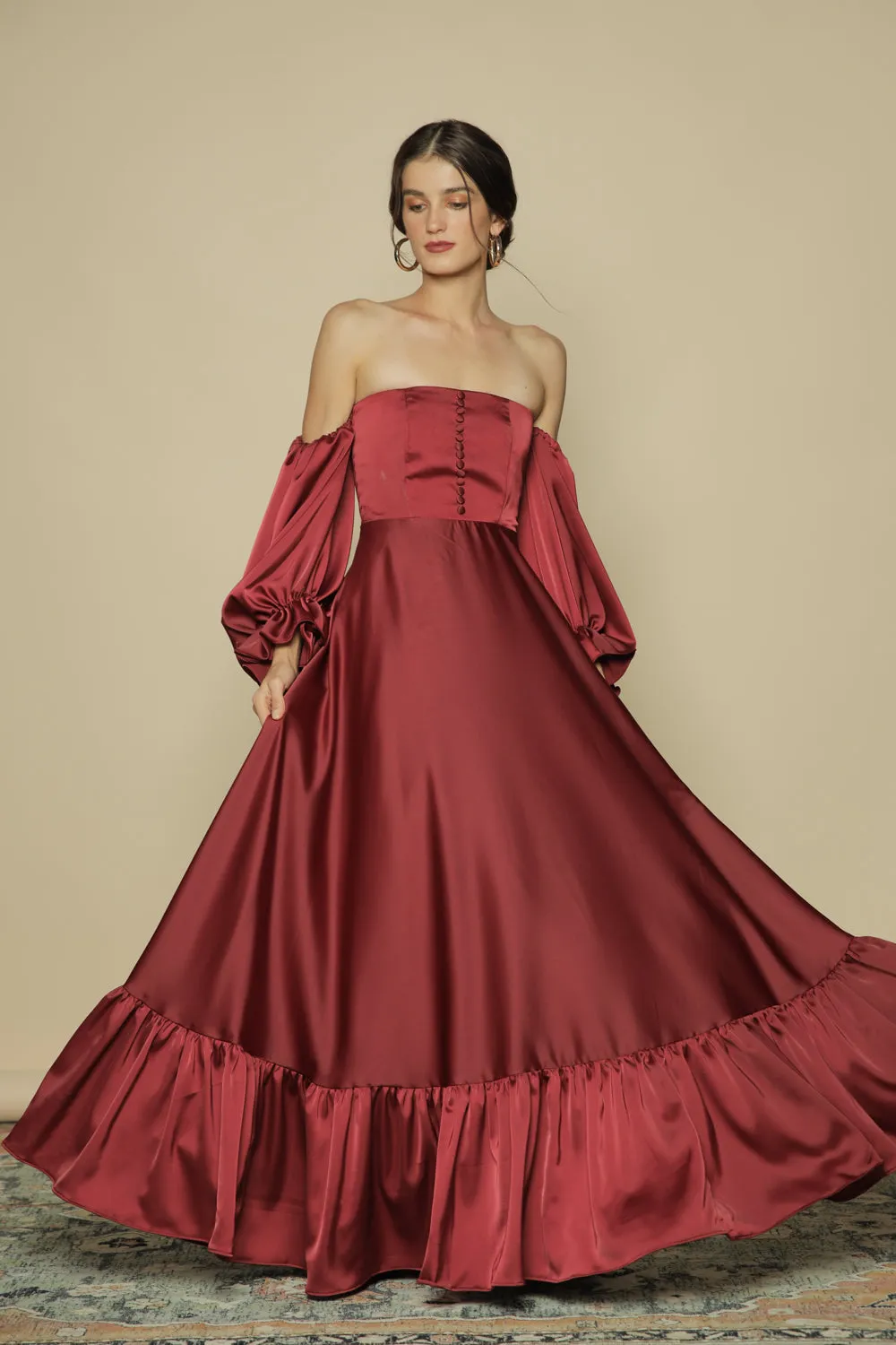 FIRA Two Way Puff Sleeve Maxi Dress with Covered Buttons and Square Neckline (Maroon Silk)