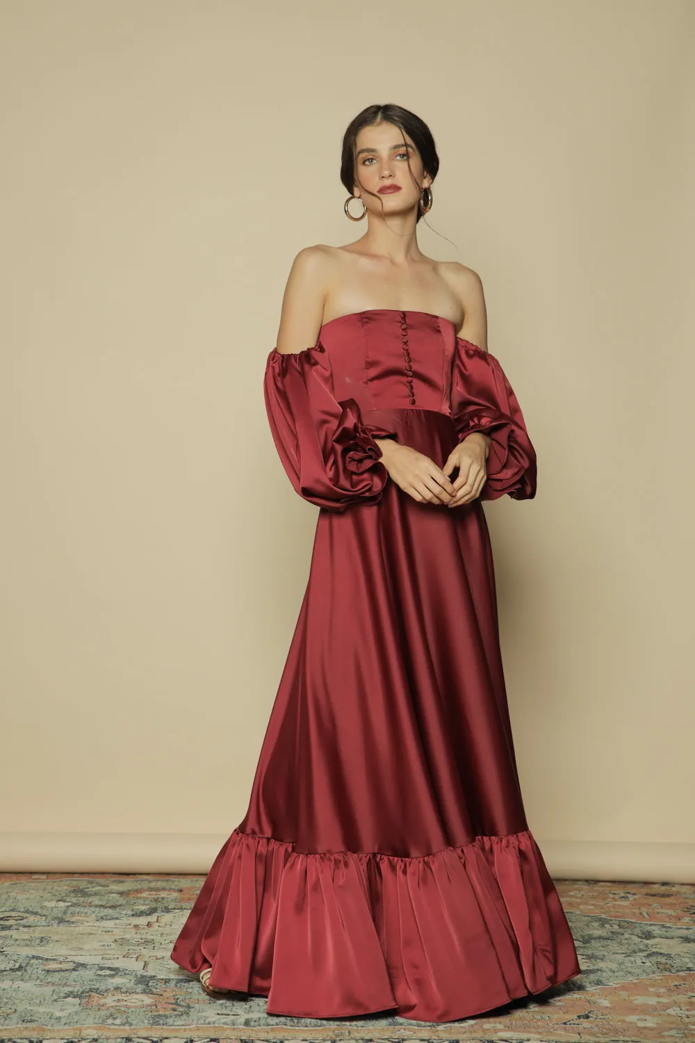 FIRA Two Way Puff Sleeve Maxi Dress with Covered Buttons and Square Neckline (Maroon Silk)