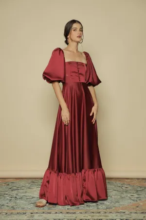 FIRA Two Way Puff Sleeve Maxi Dress with Covered Buttons and Square Neckline (Maroon Silk)