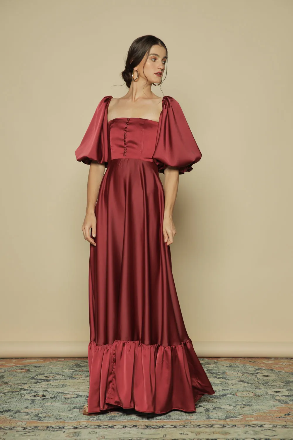 FIRA Two Way Puff Sleeve Maxi Dress with Covered Buttons and Square Neckline (Maroon Silk)