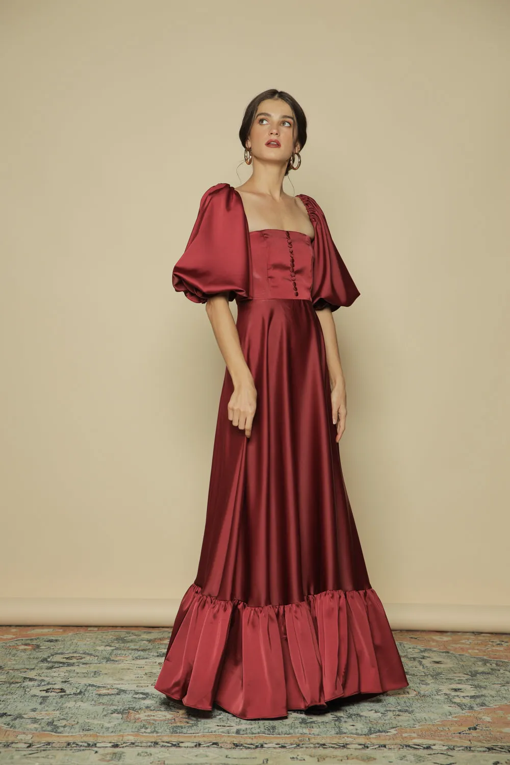 FIRA Two Way Puff Sleeve Maxi Dress with Covered Buttons and Square Neckline (Maroon Silk)
