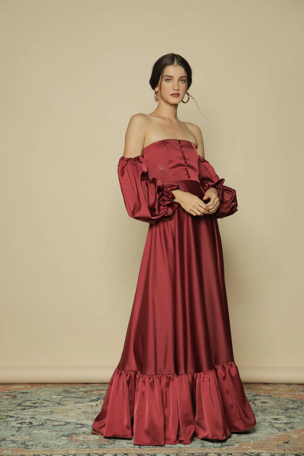 FIRA Two Way Puff Sleeve Maxi Dress with Covered Buttons and Square Neckline (Maroon Silk)