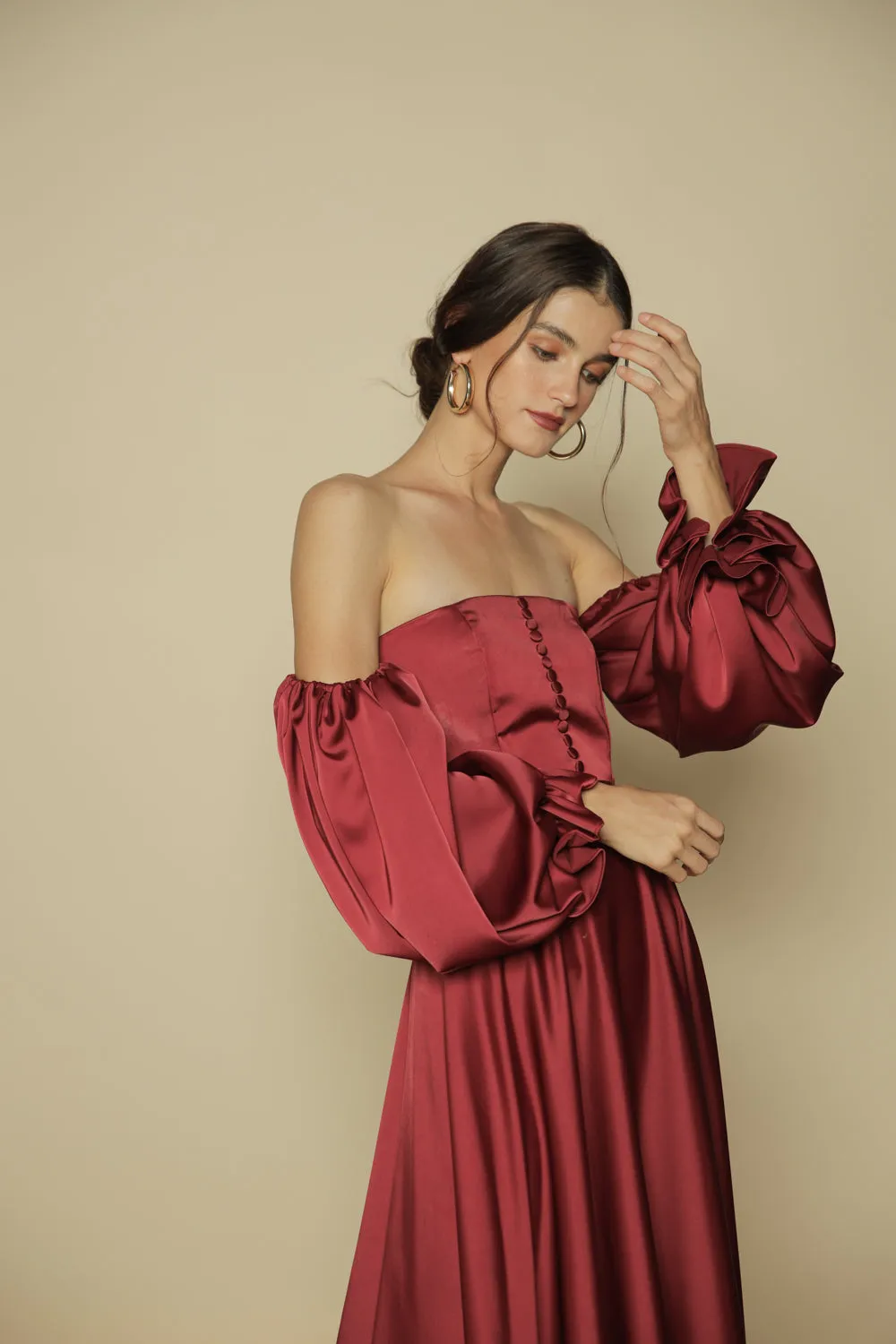 FIRA Two Way Puff Sleeve Maxi Dress with Covered Buttons and Square Neckline (Maroon Silk)