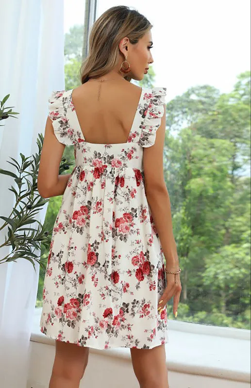 Floral Print Chiffon Mini Dress with Ruffle Straps
