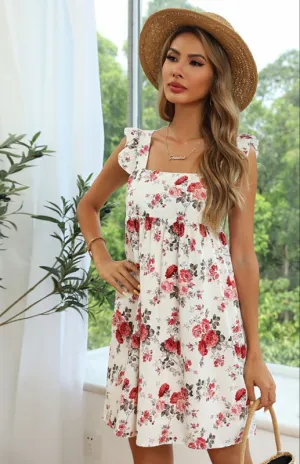 Floral Print Chiffon Mini Dress with Ruffle Straps