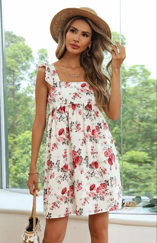 Floral Print Chiffon Mini Dress with Ruffle Straps