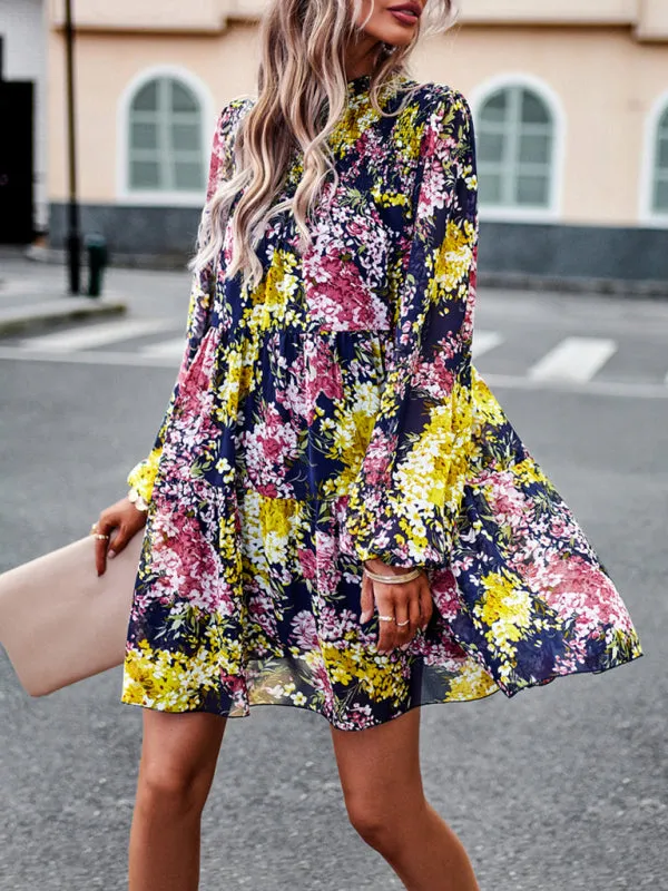 Floral Print Mini Dress with High Neck and Ruffle Long Sleeves