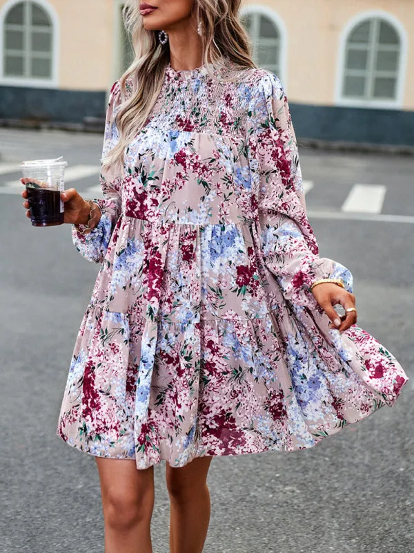 Floral Print Mini Dress with High Neck and Ruffle Long Sleeves