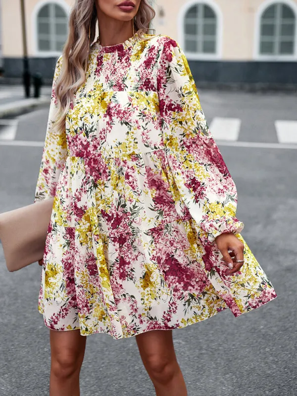 Floral Print Mini Dress with High Neck and Ruffle Long Sleeves