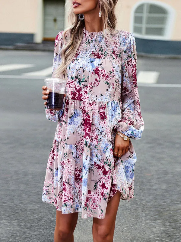 Floral Print Mini Dress with High Neck and Ruffle Long Sleeves
