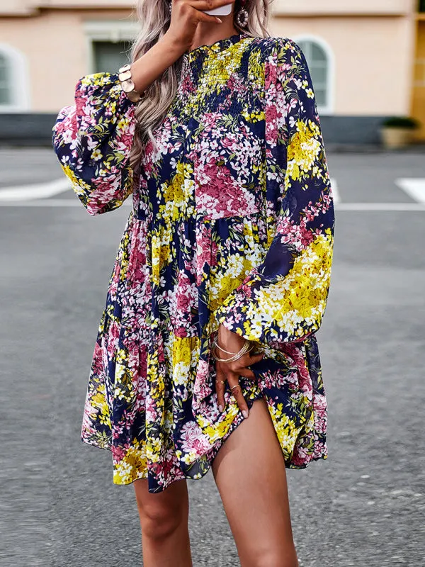 Floral Print Mini Dress with High Neck and Ruffle Long Sleeves