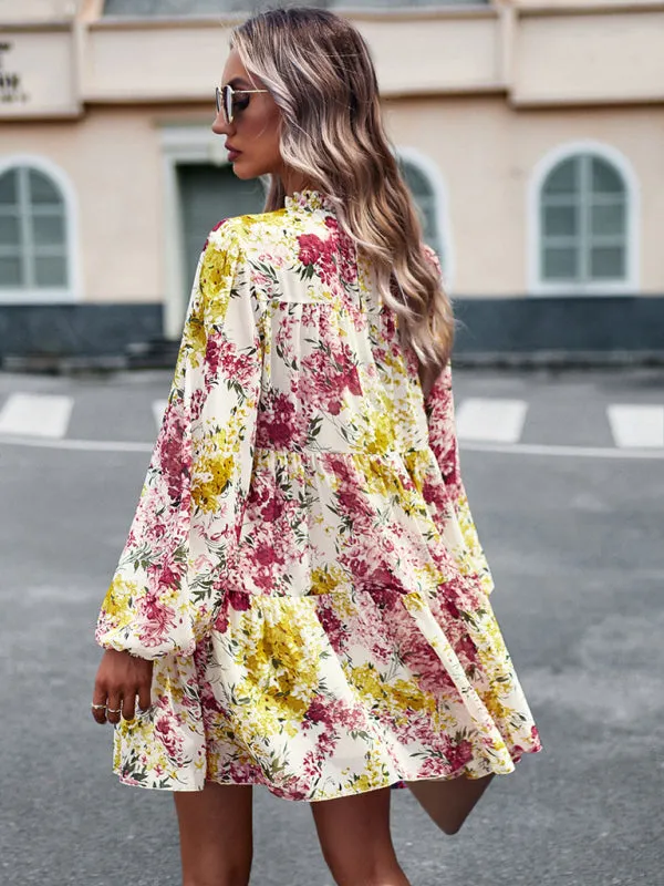 Floral Print Mini Dress with High Neck and Ruffle Long Sleeves