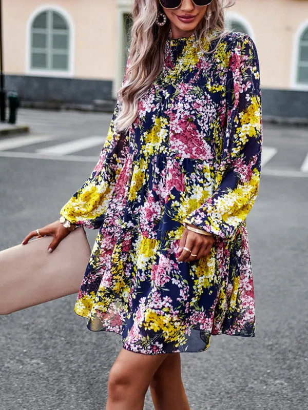 Floral Print Mini Dress with High Neck and Ruffle Long Sleeves