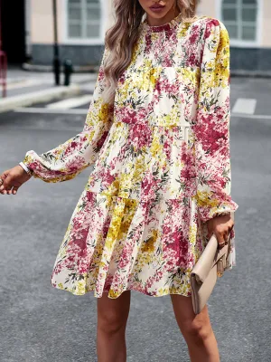 Floral Print Mini Dress with High Neck and Ruffle Long Sleeves