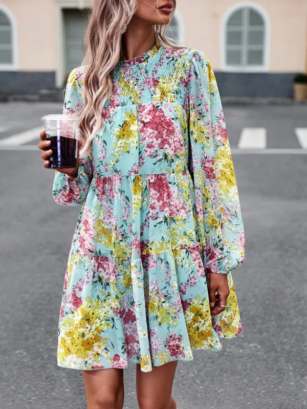 Floral Print Mini Dress with High Neck and Ruffle Long Sleeves
