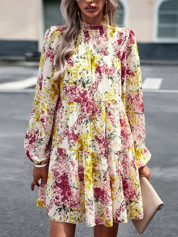 Floral Print Mini Dress with High Neck and Ruffle Long Sleeves