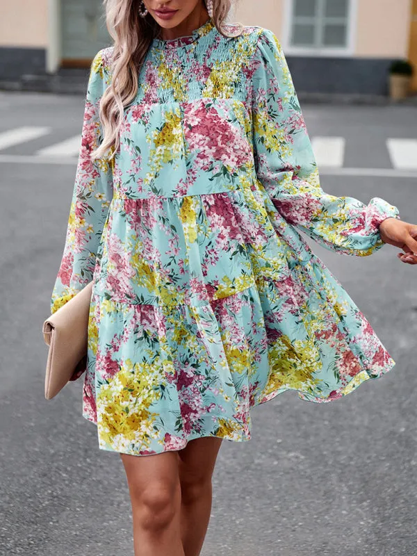 Floral Print Mini Dress with High Neck and Ruffle Long Sleeves
