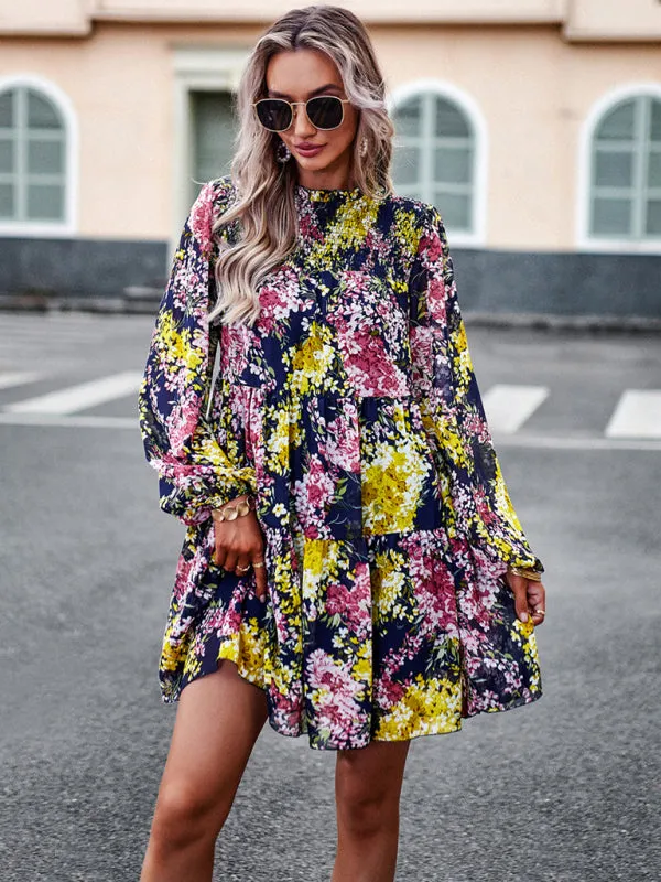 Floral Print Mini Dress with High Neck and Ruffle Long Sleeves