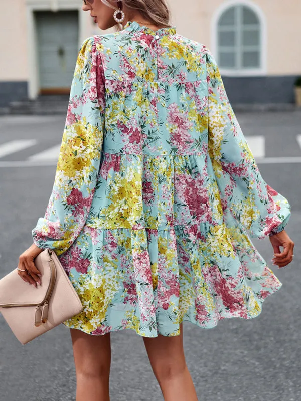 Floral Print Mini Dress with High Neck and Ruffle Long Sleeves