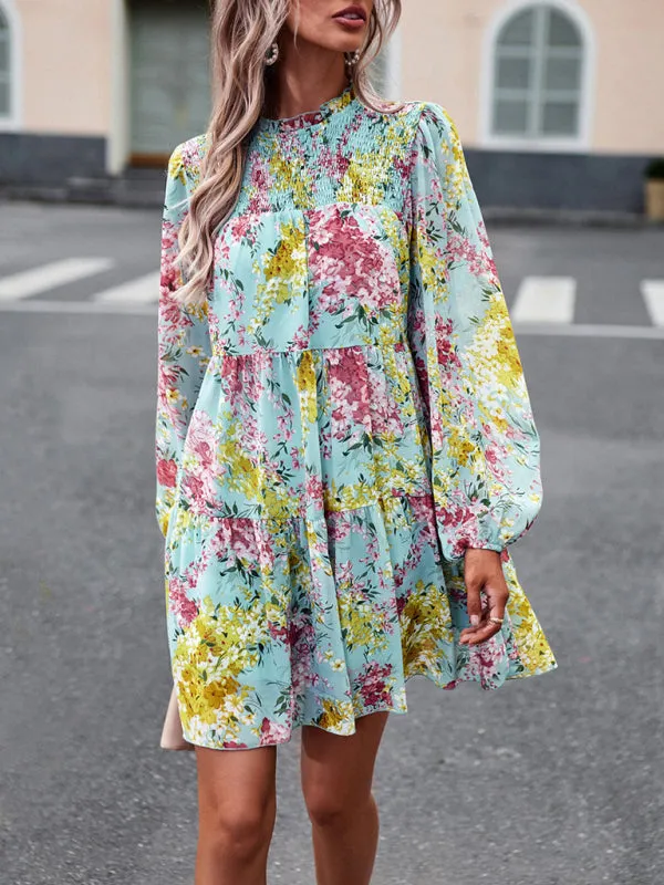 Floral Print Mini Dress with High Neck and Ruffle Long Sleeves