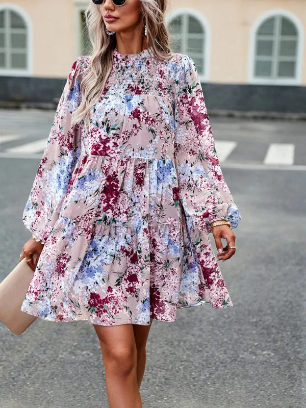 Floral Print Mini Dress with High Neck and Ruffle Long Sleeves