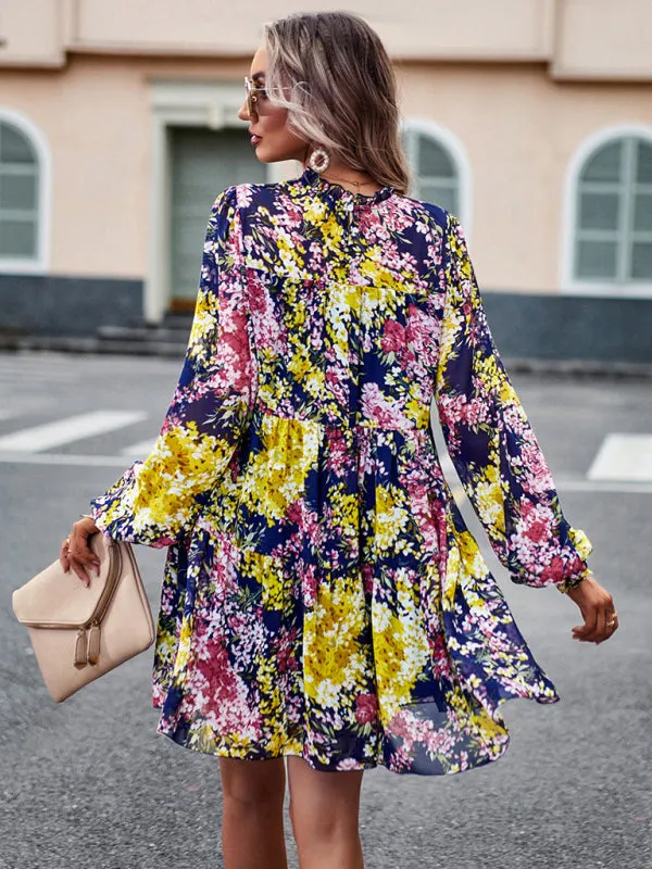 Floral Print Mini Dress with High Neck and Ruffle Long Sleeves
