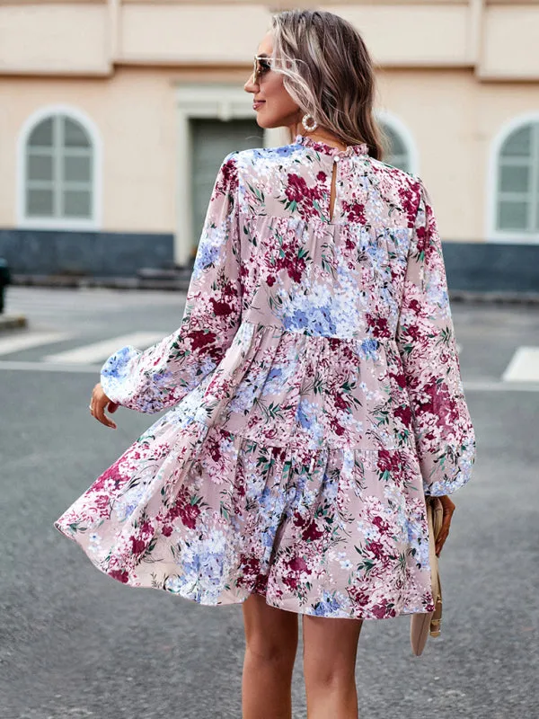 Floral Print Mini Dress with High Neck and Ruffle Long Sleeves