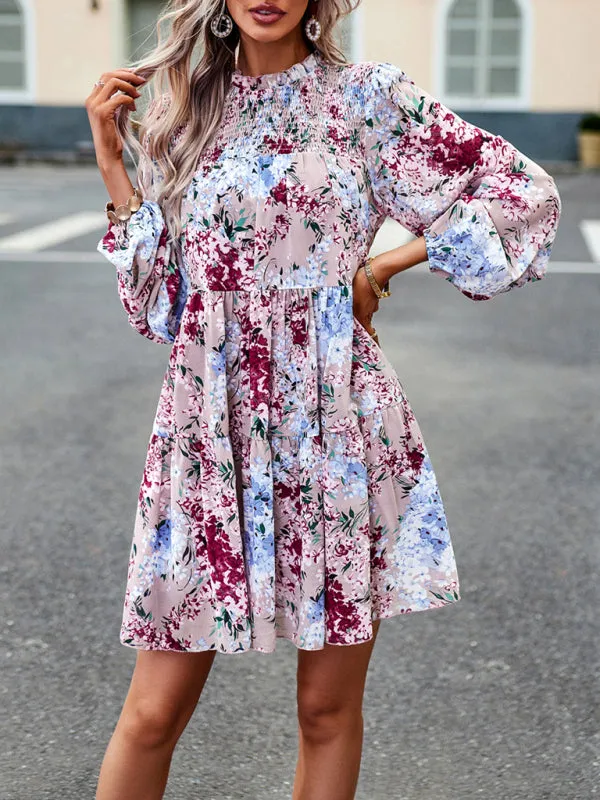 Floral Print Mini Dress with High Neck and Ruffle Long Sleeves