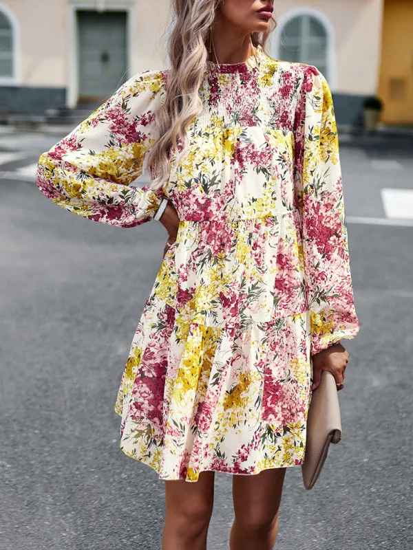Floral Print Mini Dress with High Neck and Ruffle Long Sleeves