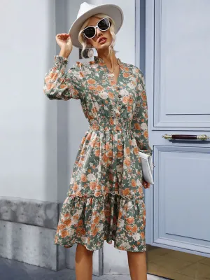 Floral Print Retro Dress with Ruffle Hem and Smocked Waist