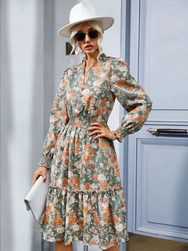 Floral Print Retro Dress with Ruffle Hem and Smocked Waist