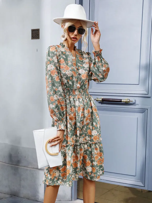 Floral Print Retro Dress with Ruffle Hem and Smocked Waist