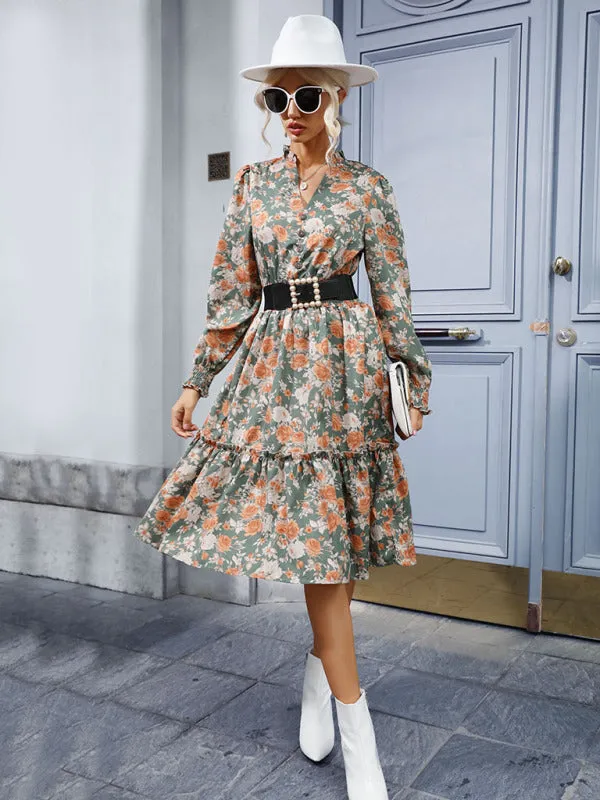 Floral Print Retro Dress with Ruffle Hem and Smocked Waist