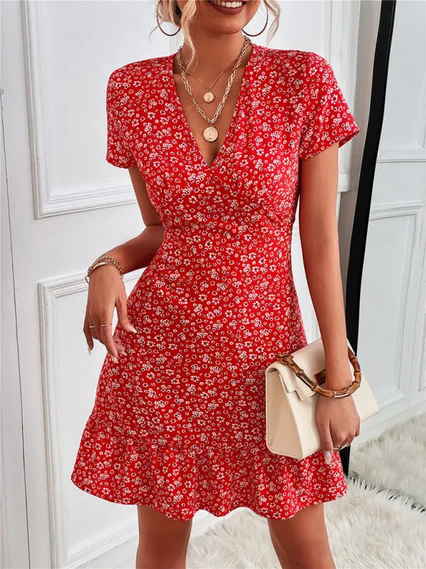 Floral Print V-Neck Mini Dress with Ruffle Hem