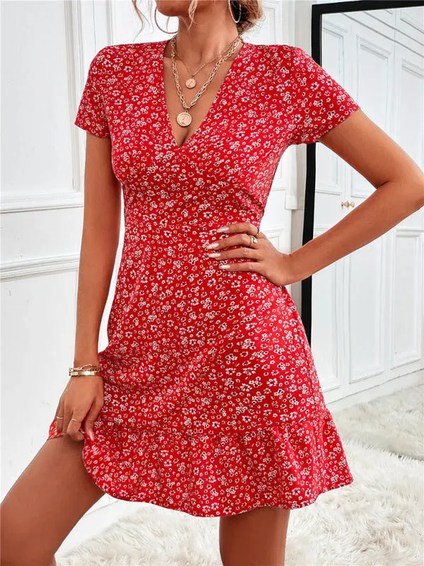 Floral Print V-Neck Mini Dress with Ruffle Hem