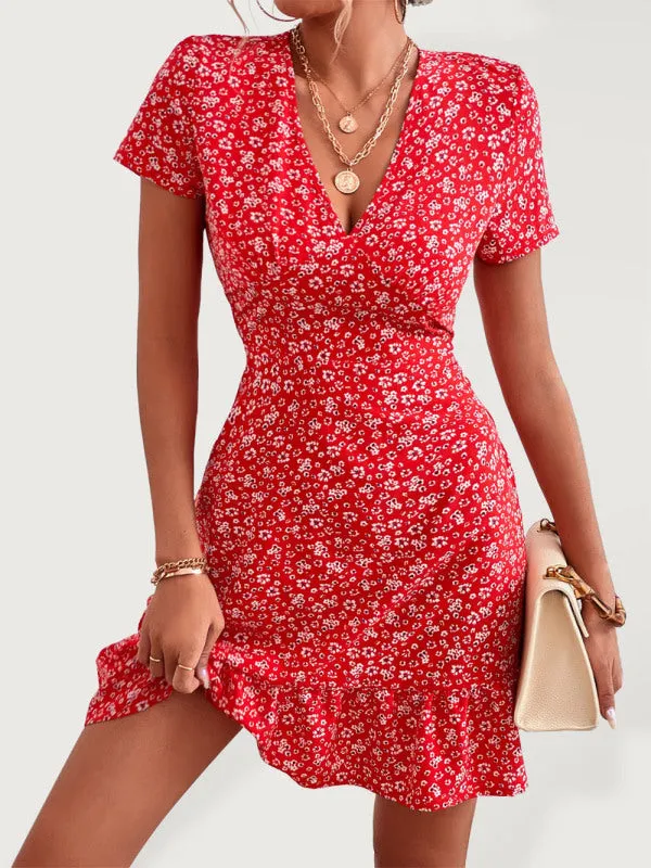 Floral Print V-Neck Mini Dress with Ruffle Hem