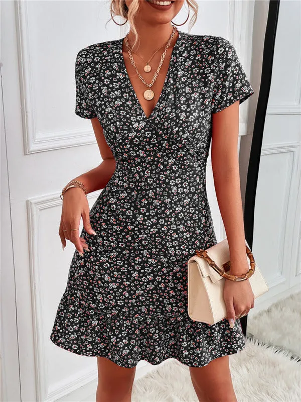 Floral Print V-Neck Mini Dress with Ruffle Hem