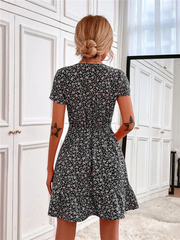 Floral Print V-Neck Mini Dress with Ruffle Hem
