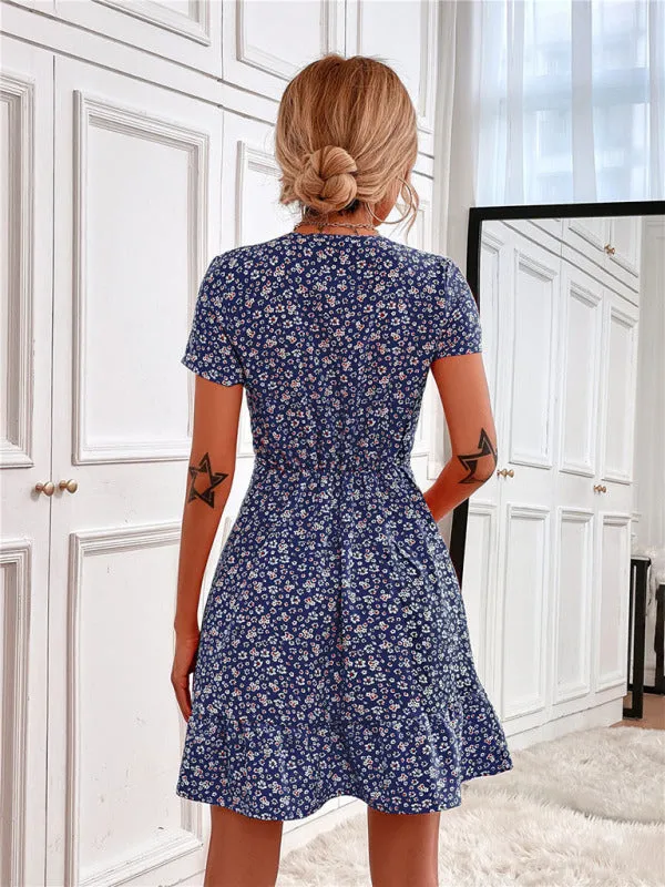Floral Print V-Neck Mini Dress with Ruffle Hem