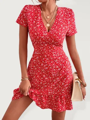 Floral Print V-Neck Mini Dress with Ruffle Hem