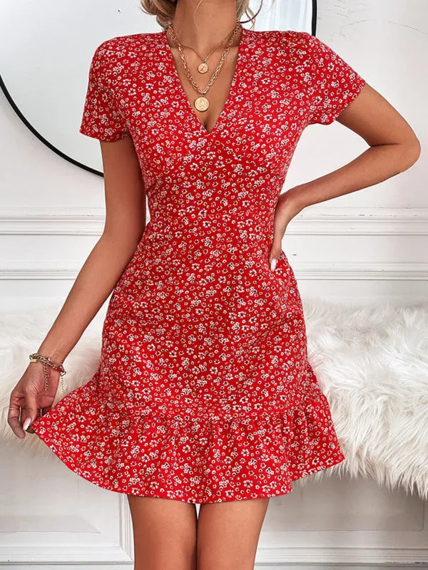 Floral Print V-Neck Mini Dress with Ruffle Hem
