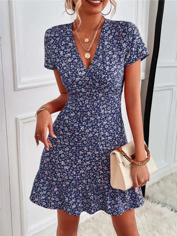 Floral Print V-Neck Mini Dress with Ruffle Hem
