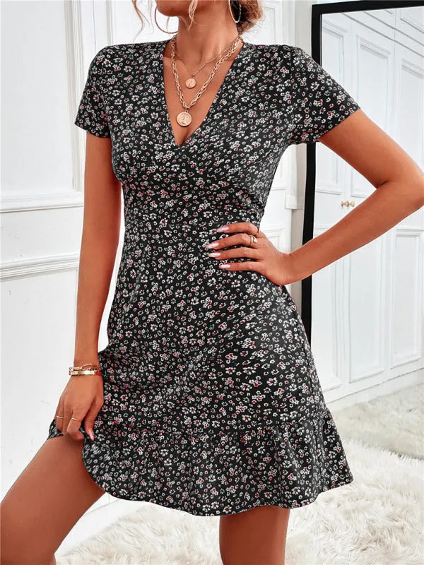 Floral Print V-Neck Mini Dress with Ruffle Hem