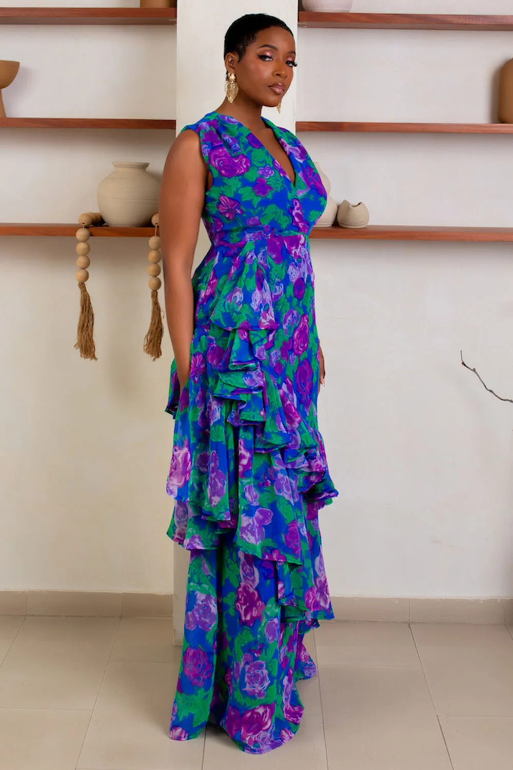 Floral Print V Neck Ruffle Sleeveless Vacay Maxi Dresses-Blue [Pre Order]