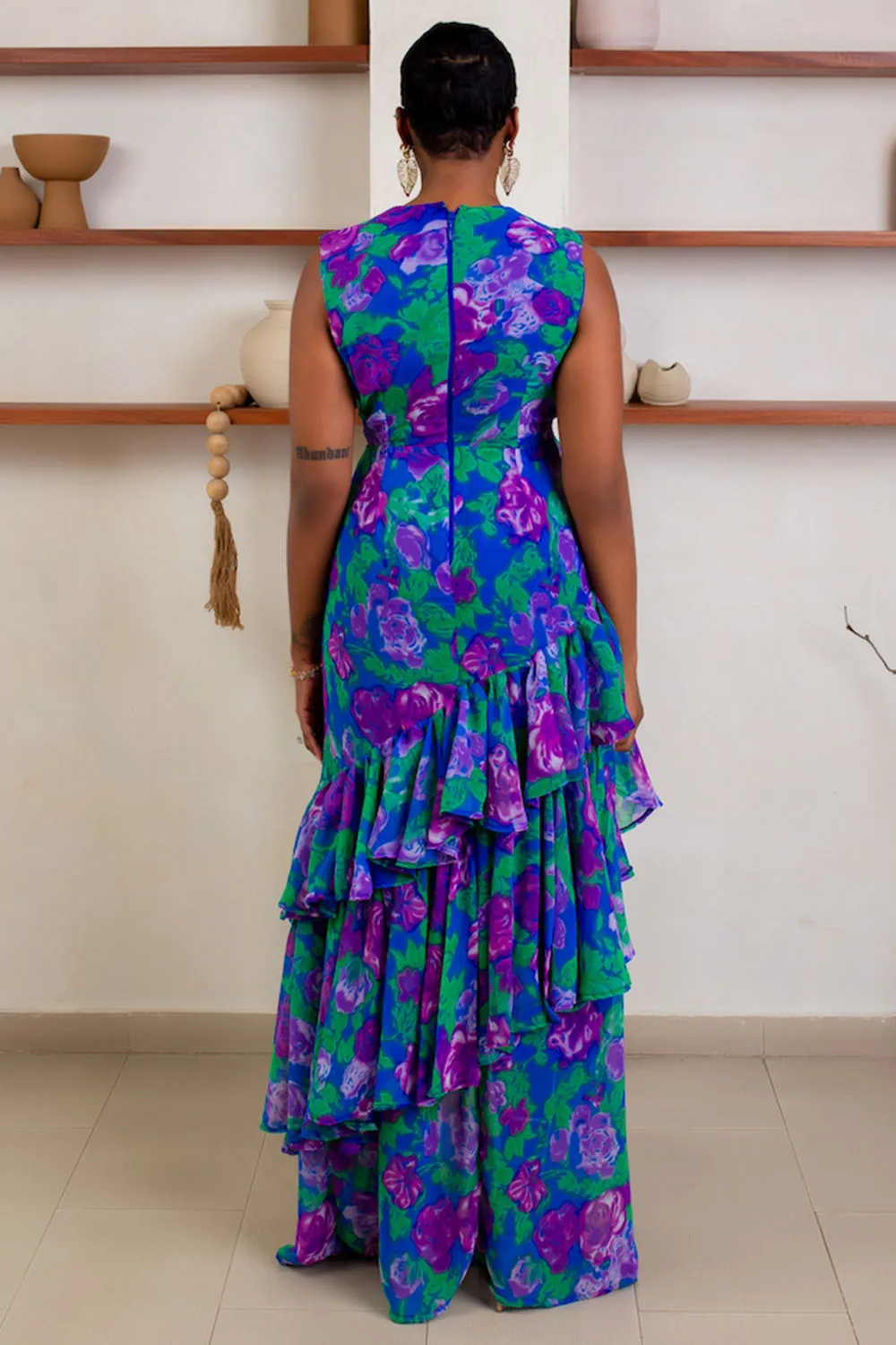 Floral Print V Neck Ruffle Sleeveless Vacay Maxi Dresses-Blue [Pre Order]