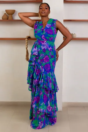 Floral Print V Neck Ruffle Sleeveless Vacay Maxi Dresses-Blue [Pre Order]