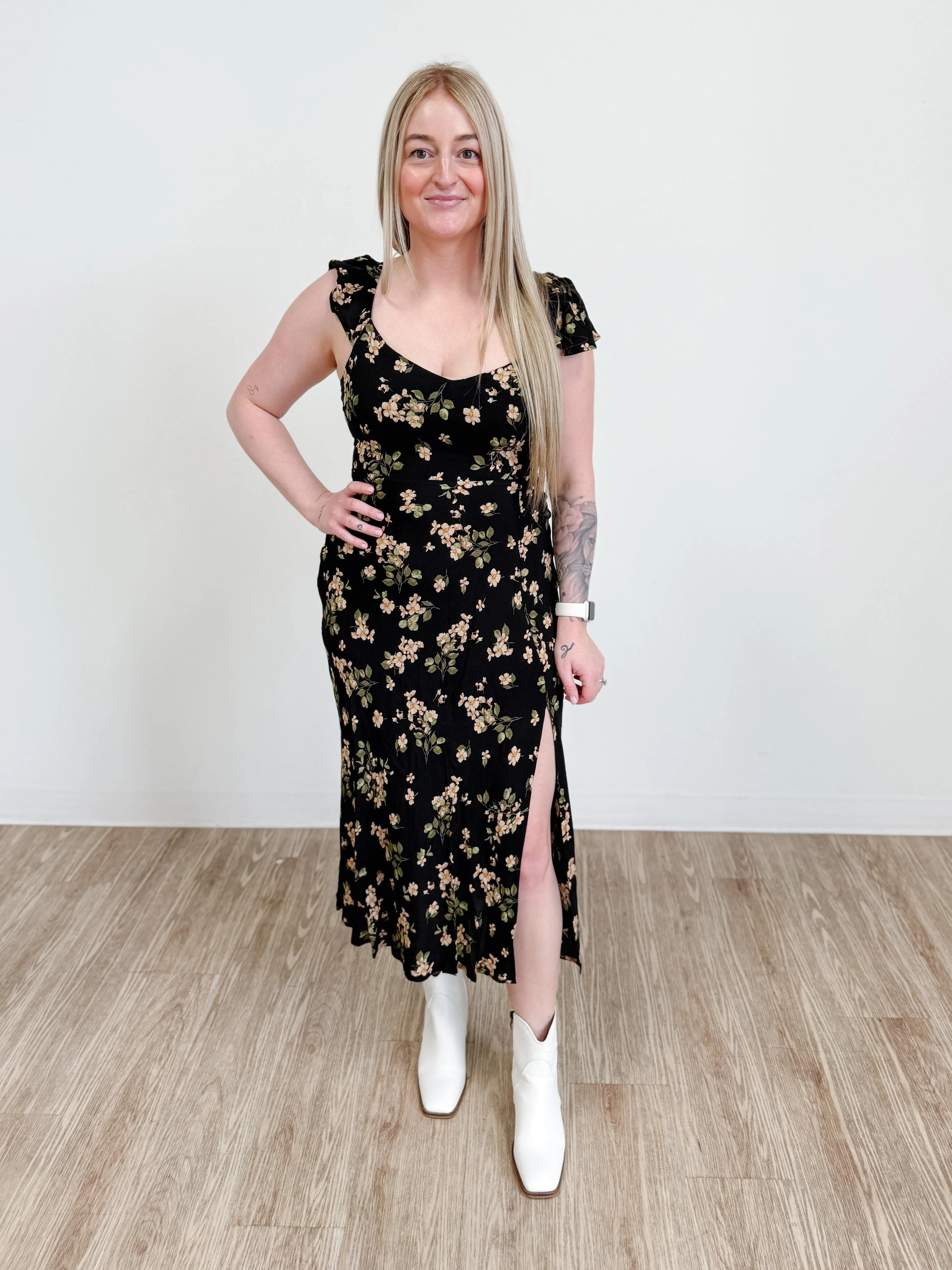 Floral V-Neck Ruffle Sleeve Side Slit Midi Dress
