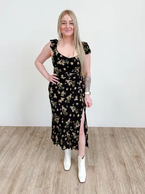 Floral V-Neck Ruffle Sleeve Side Slit Midi Dress