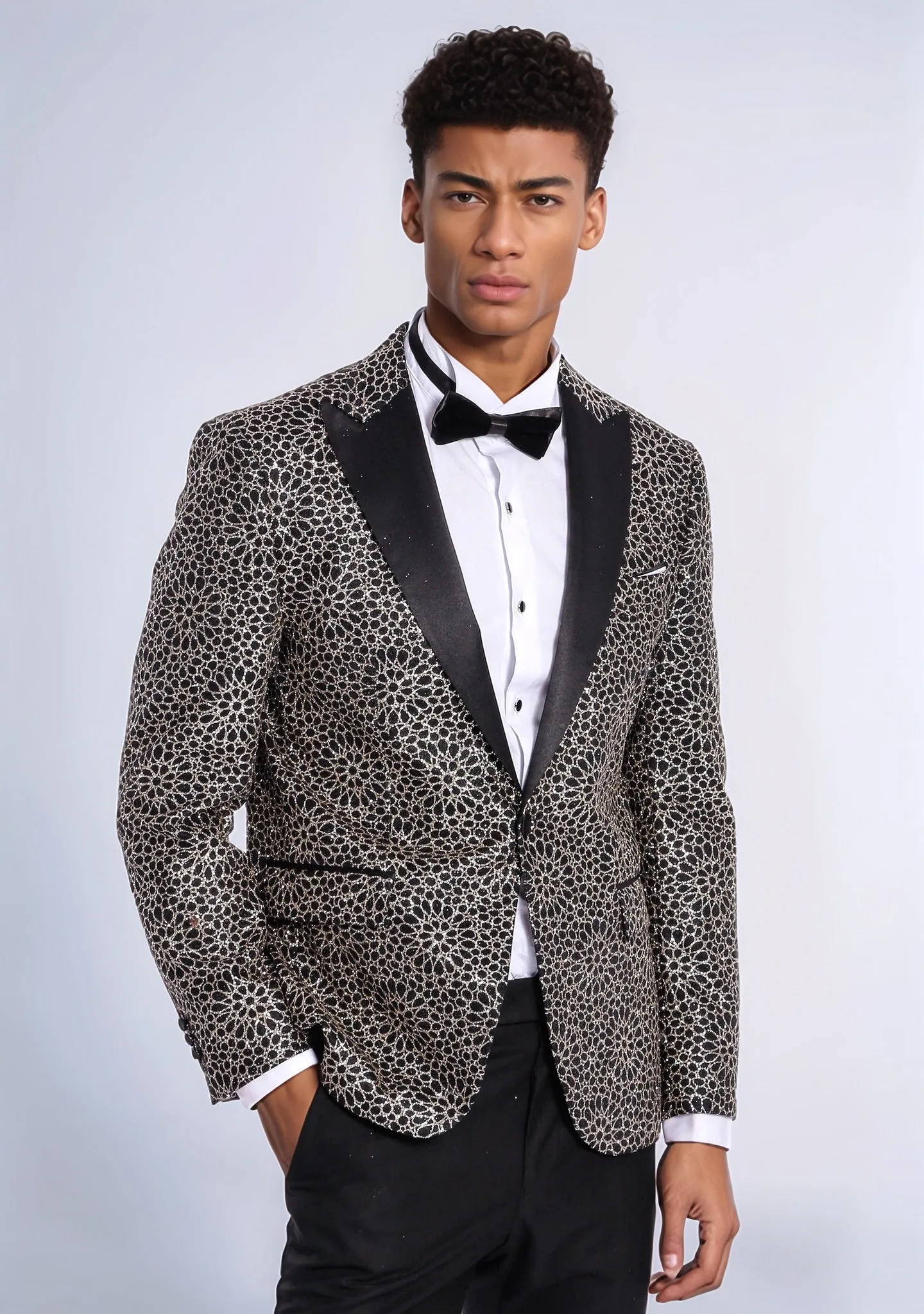 Flower Embroidered Pattern Black Men Prom Blazer - Wessi